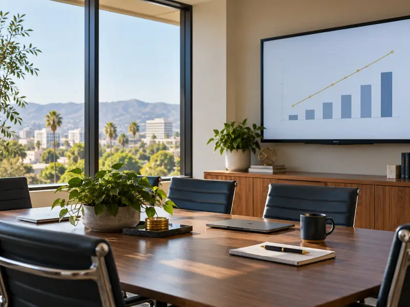 A conference room with a growth chart on a wall screen and a view of hills and palm trees through the window