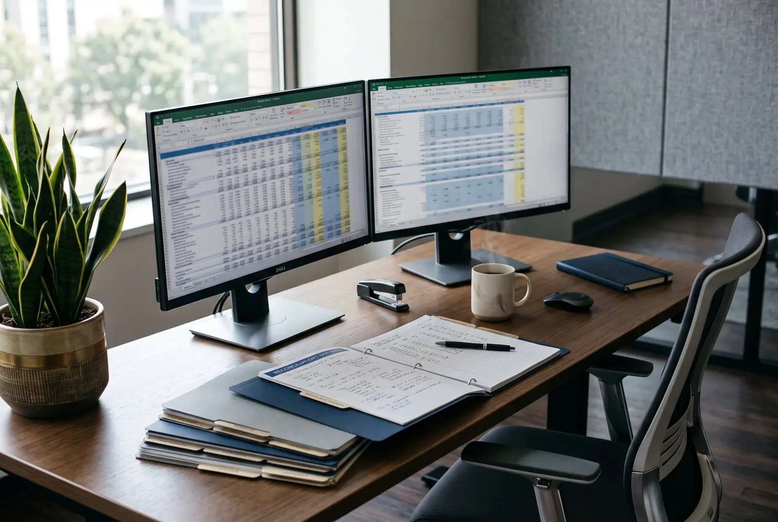 A desk with dual monitors, a mug, and a stack of tabbed folders mid-reconciliation