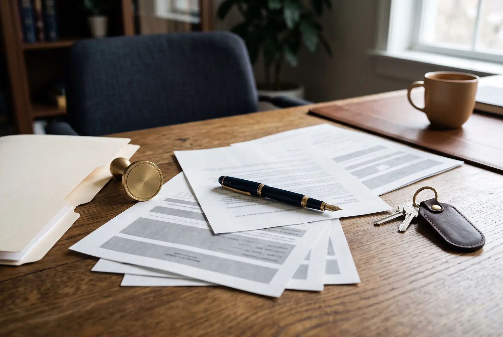 Formation documents fanned across a desk beside a corporate seal and a set of keys