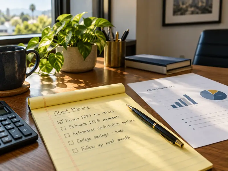 A CPA's desk with a handwritten client planning checklist, a client summary sheet, and a calculator