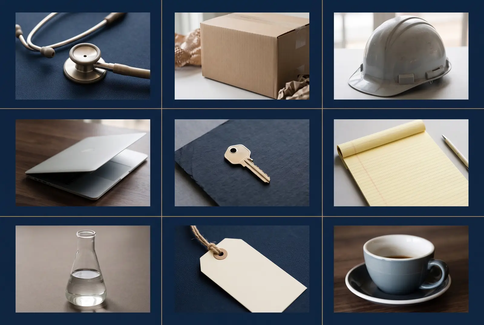 A three-by-three grid of small still-life photographs, each representing a different industry