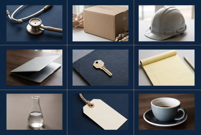 A three-by-three grid of small still-life photographs, each representing a different industry