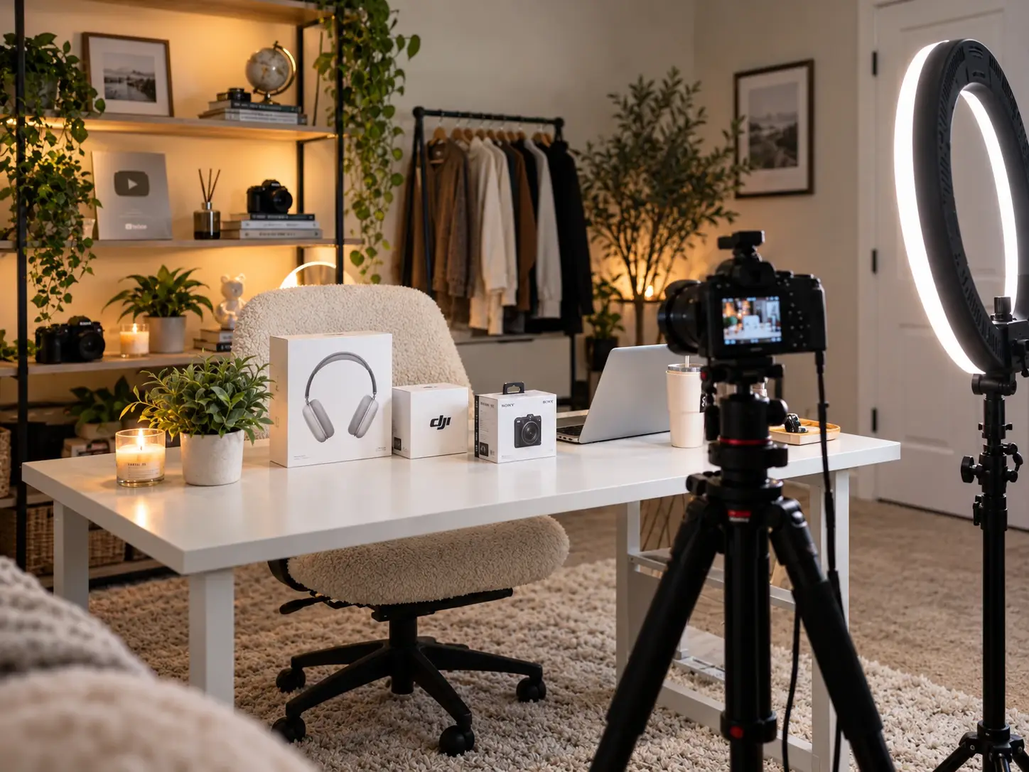 A home studio with a camera on a tripod, a ring light, a laptop, boxed gear on a desk