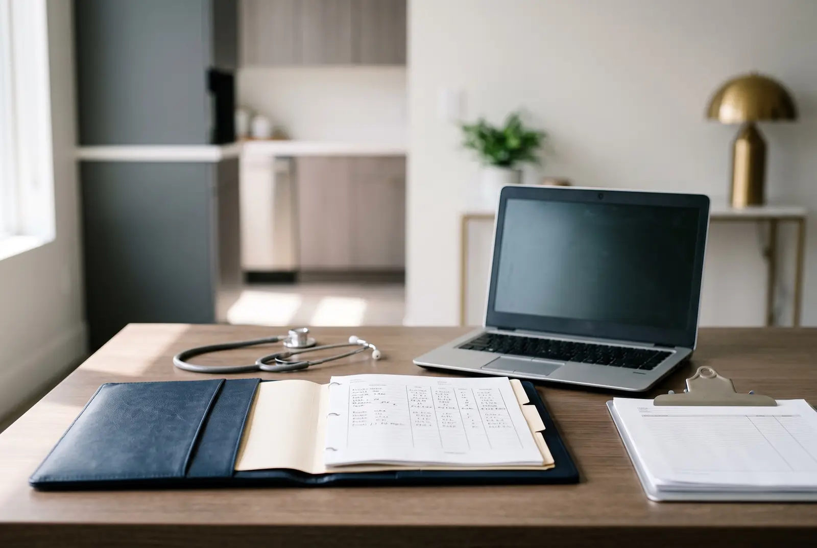 A stethoscope set down beside a folder of financial papers and a laptop