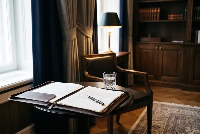 A leather portfolio open on a table with documents, a fountain pen, and a glass of water