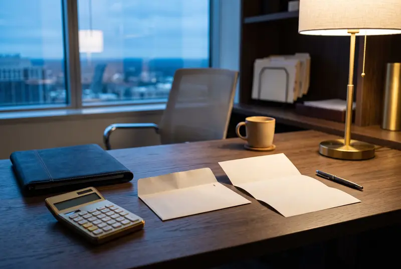 An opened letter and envelope on a desk beside a calculator and a leather folio