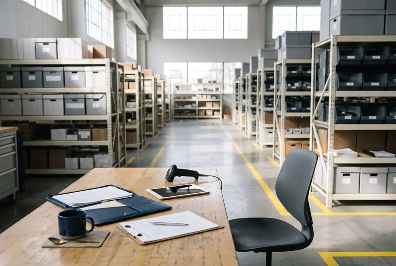 An aisle of stocked inventory racks with a clipboard and scanner on a workbench