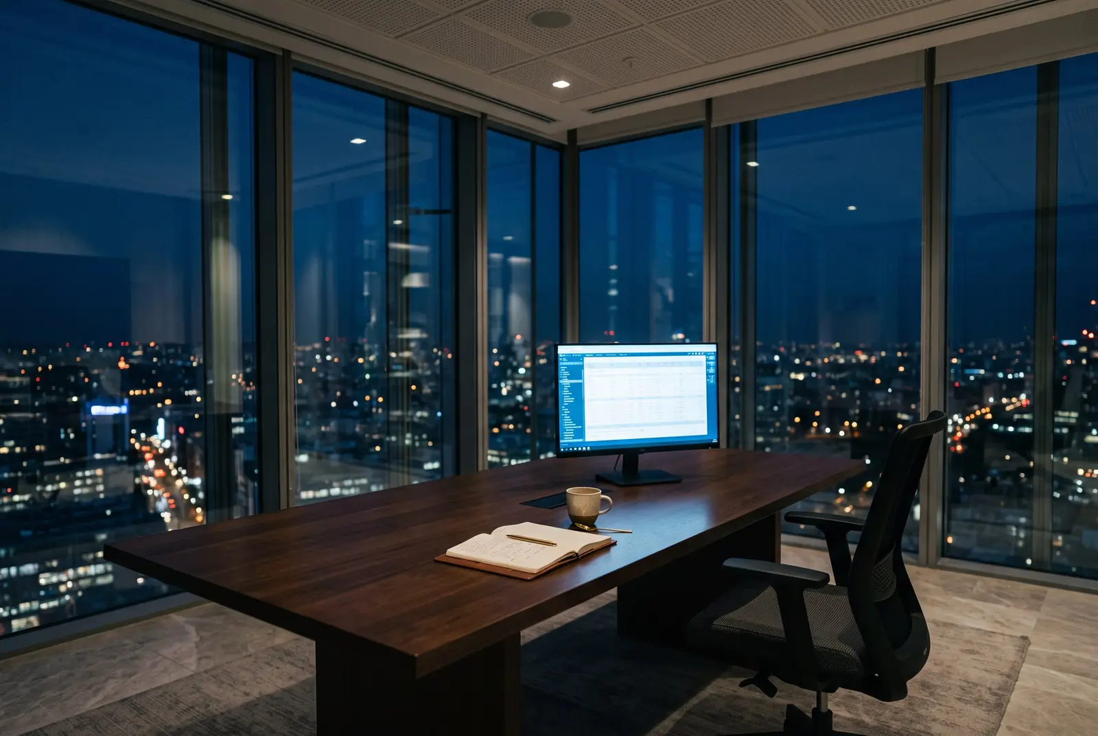 A high-floor office at dusk with a glowing monitor and city lights below