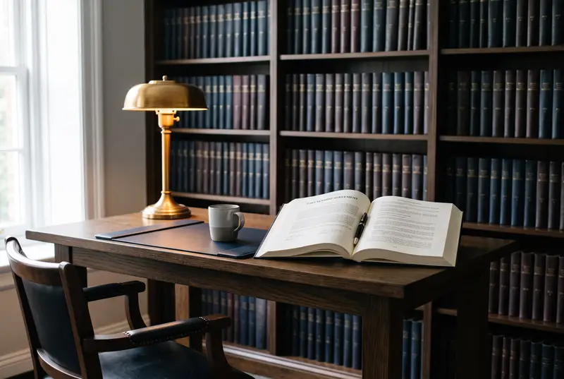 A wood-panelled library with an open document and a brass lamp on a standing table