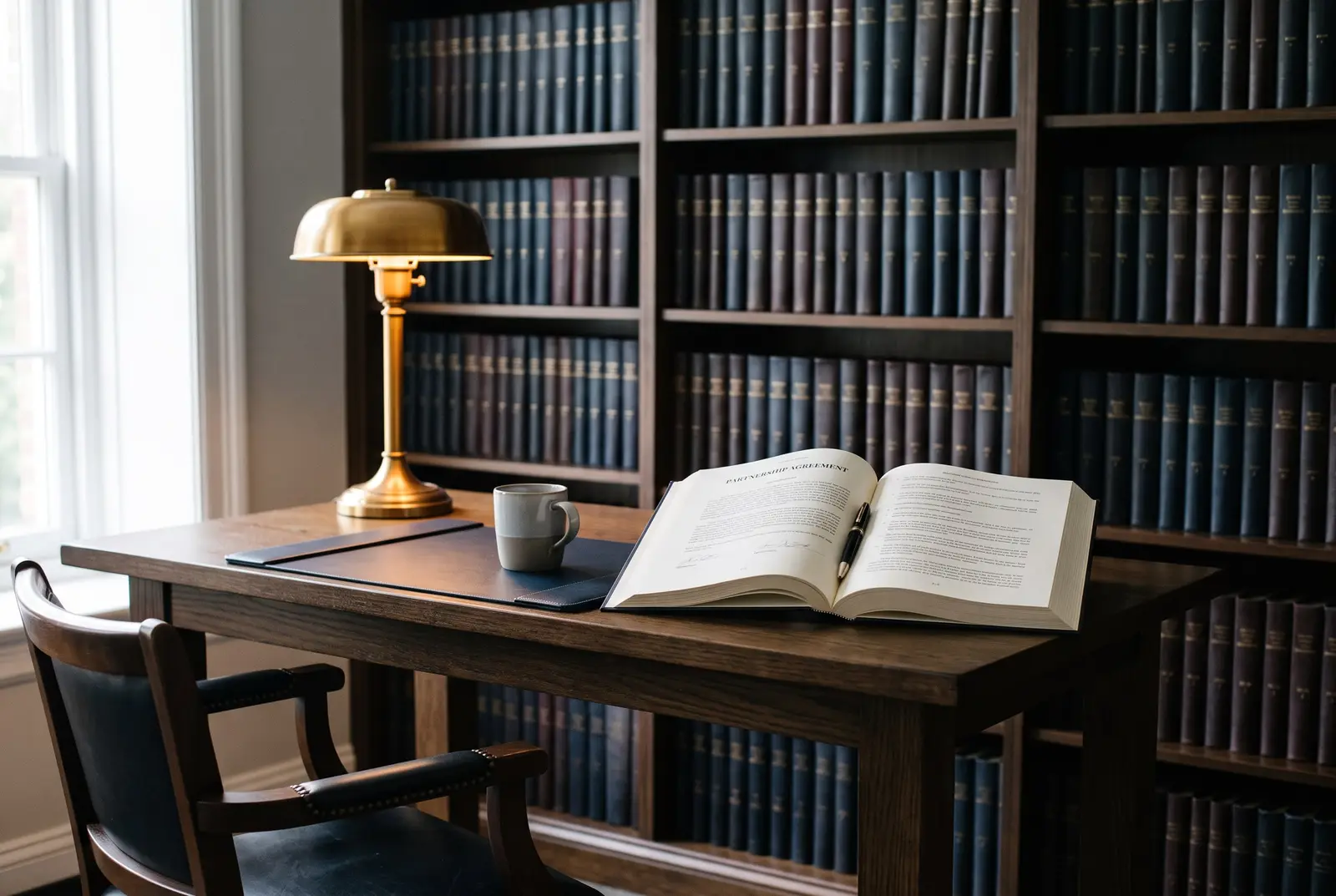 A wood-panelled library with an open document and a brass lamp on a standing table