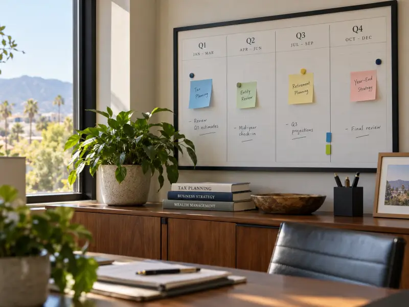 A quarterly planning board with notes for tax planning, entity review, retirement planning, and year-end strategy