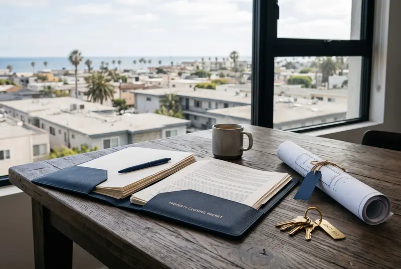 A property closing packet open on a table beside rolled blueprints and keys