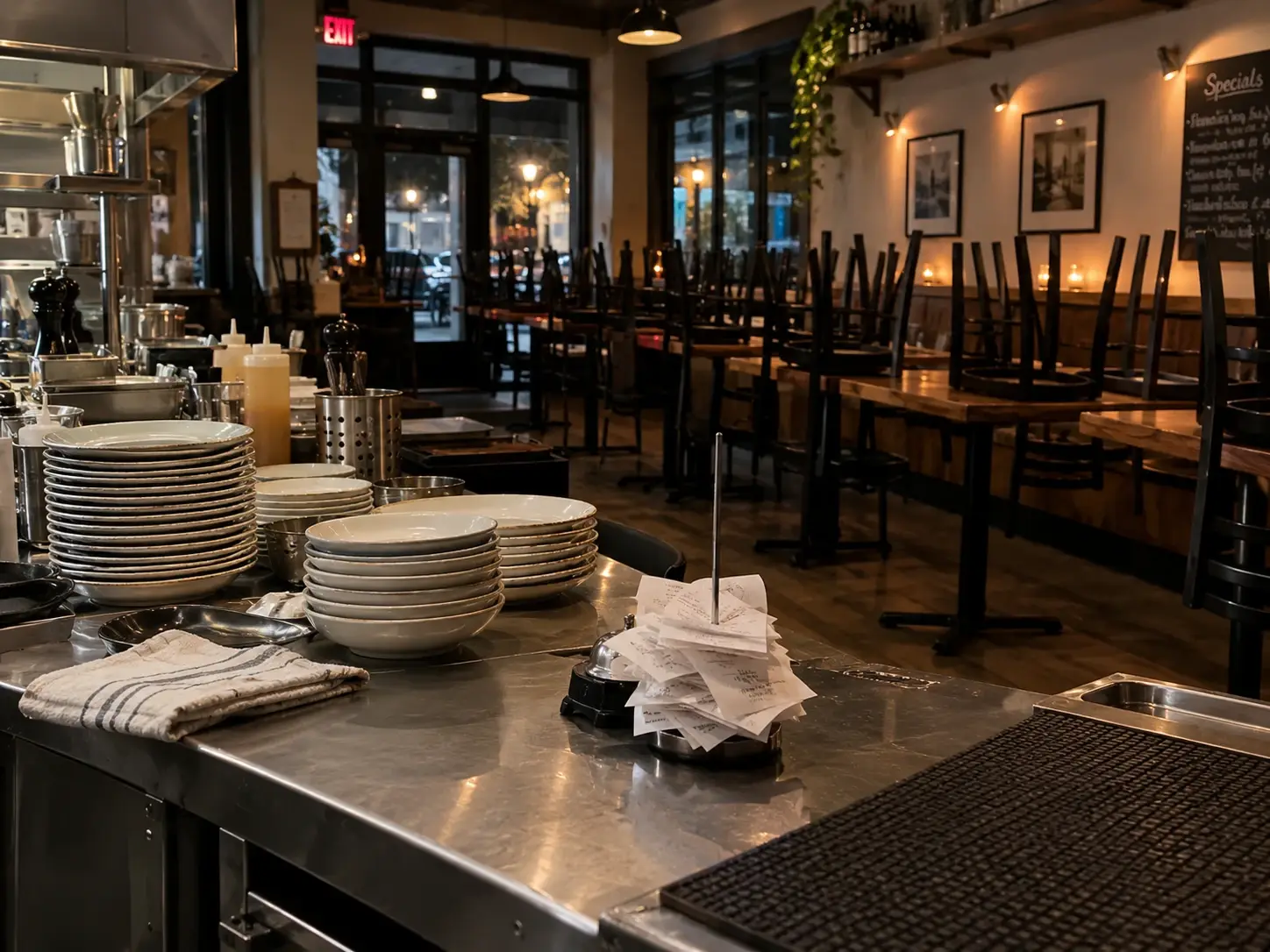A restaurant pass after closing with stacked plates, a ticket spike, chairs upturned on tables