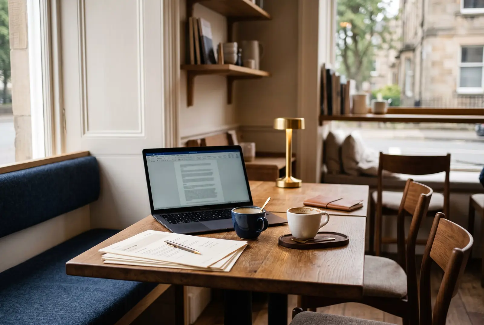 A café corner table with a laptop, printed reports, and two coffee cups