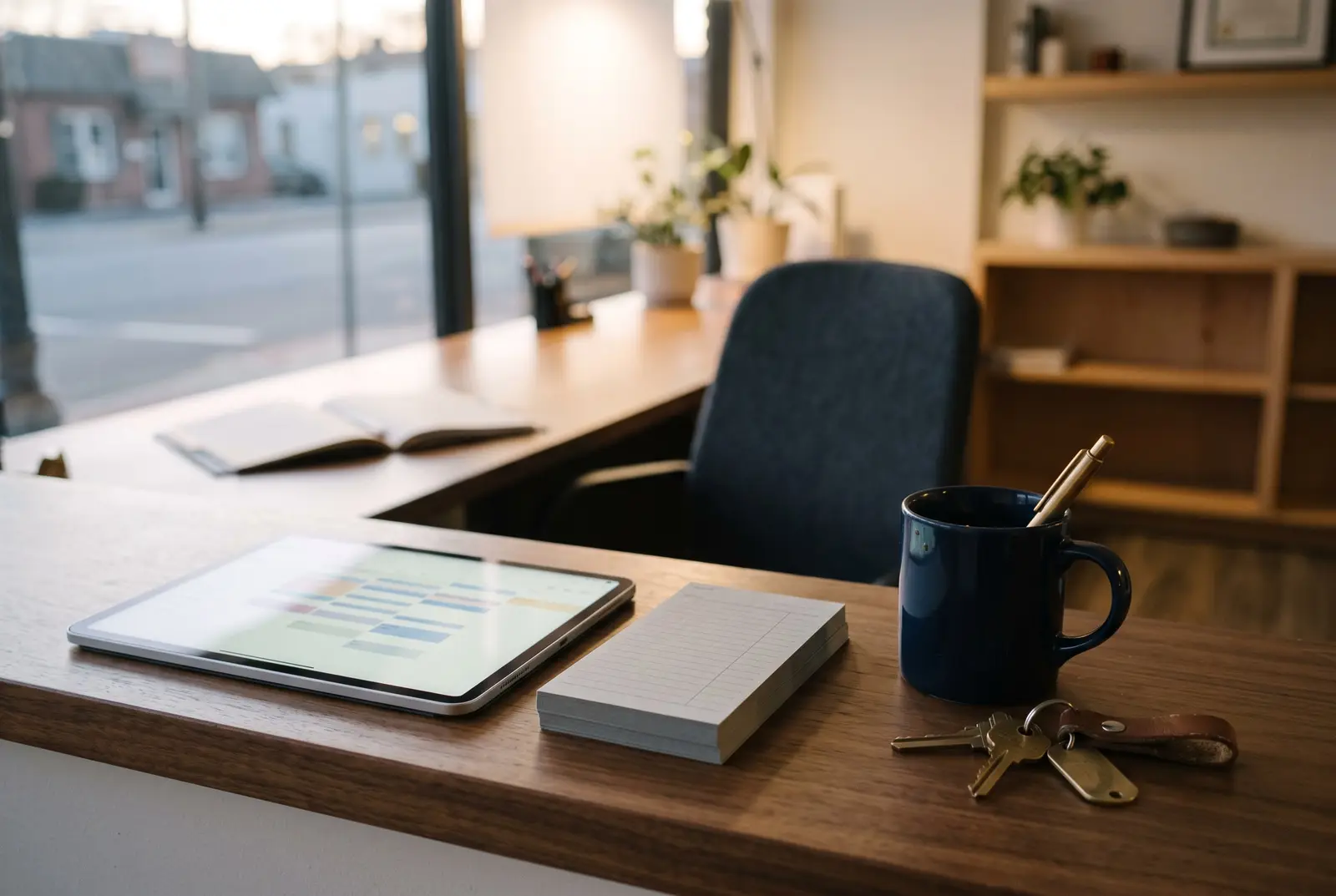 A shop counter after closing, with a tablet, a stack of timecards, a mug, and keys