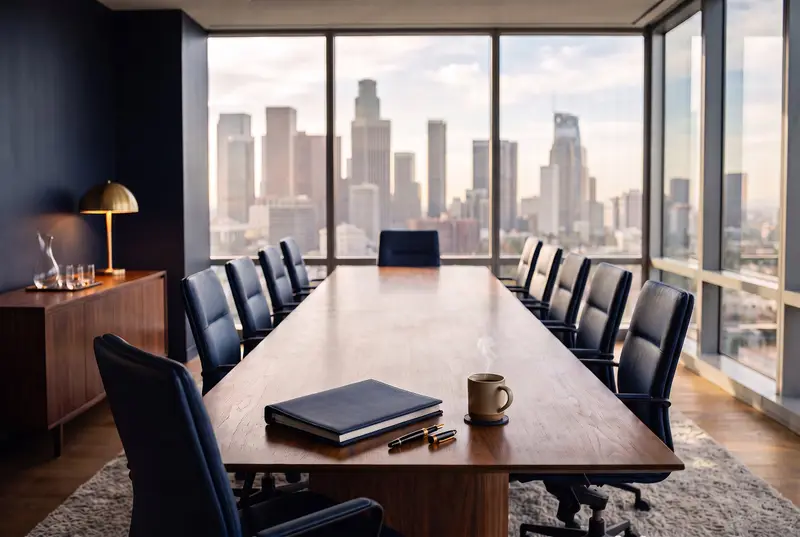 A boardroom prepared for an advisory session, with the Los Angeles skyline beyond