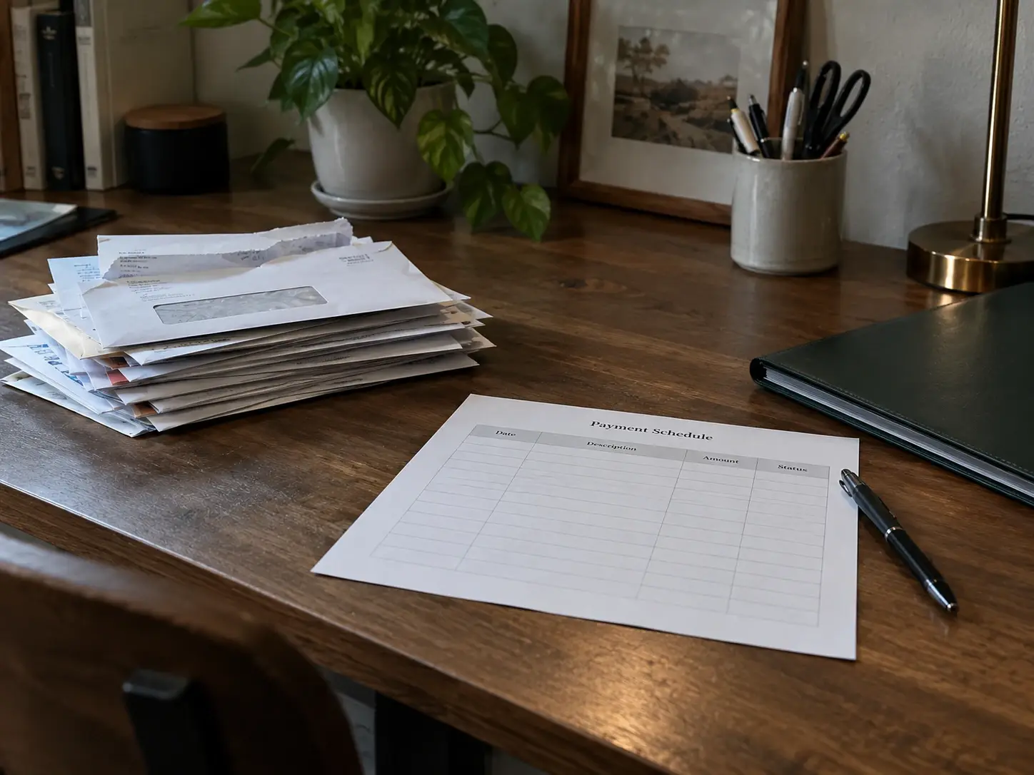A wooden desk with a stack of opened envelopes, a blank payment schedule, a pen, a folder
