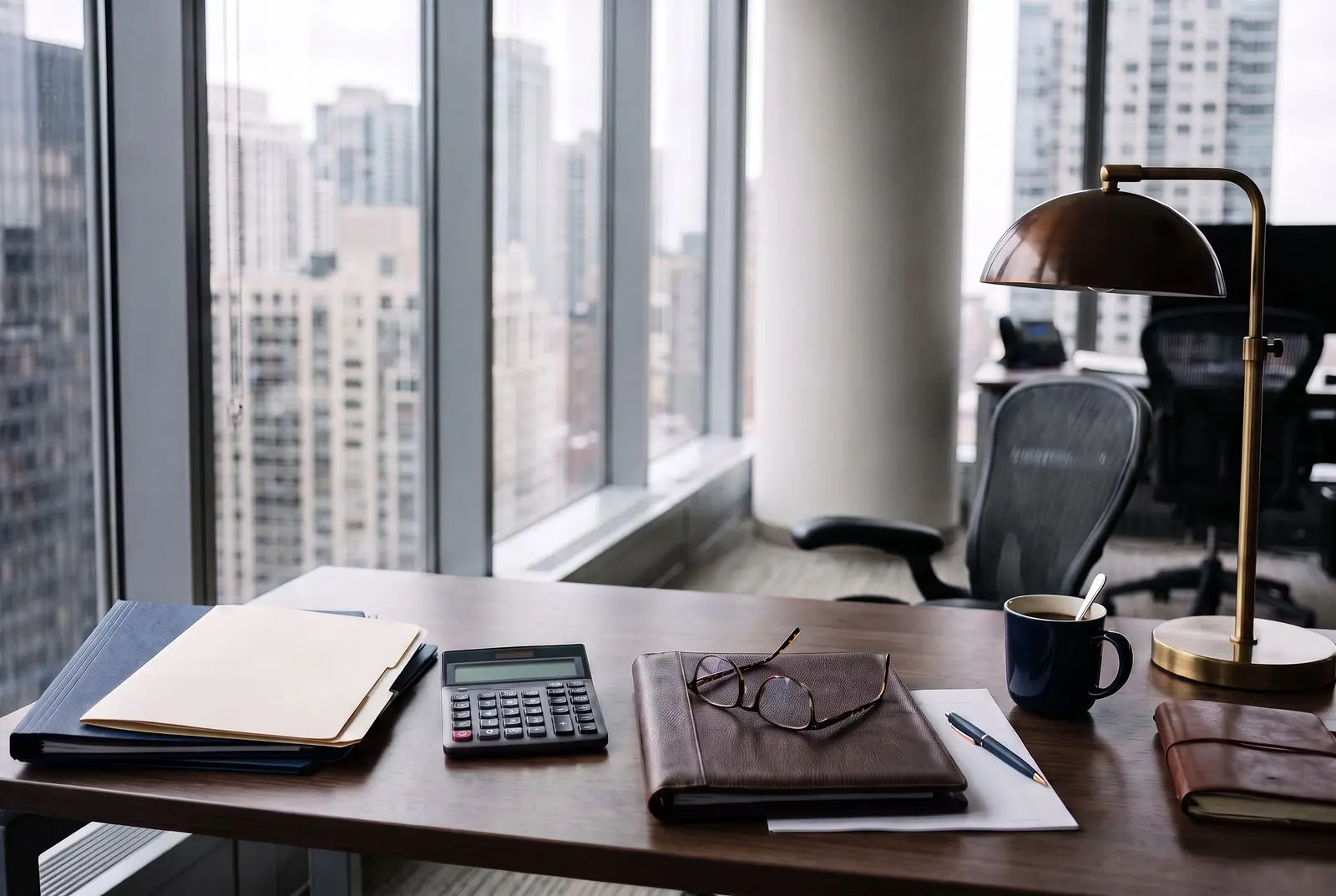 Document folders, a desk calculator, and reading glasses arranged on an office desk
