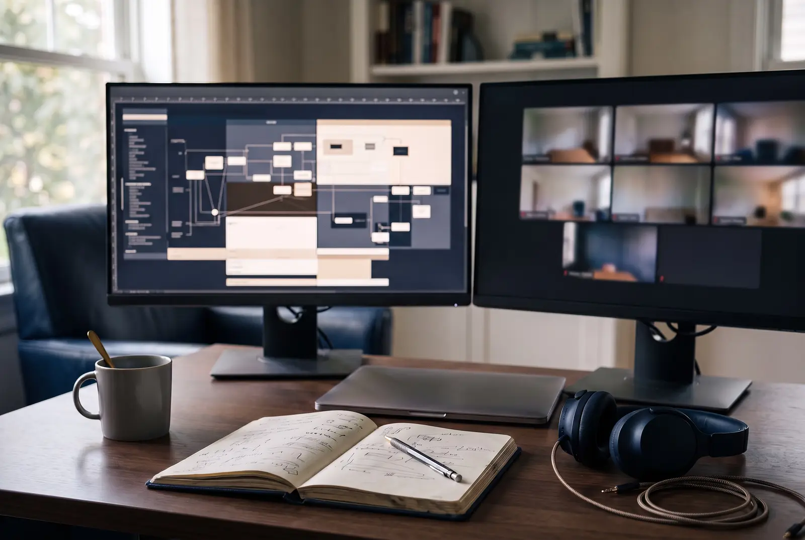 A home-office desk with two monitors, an open notebook, and headphones set down