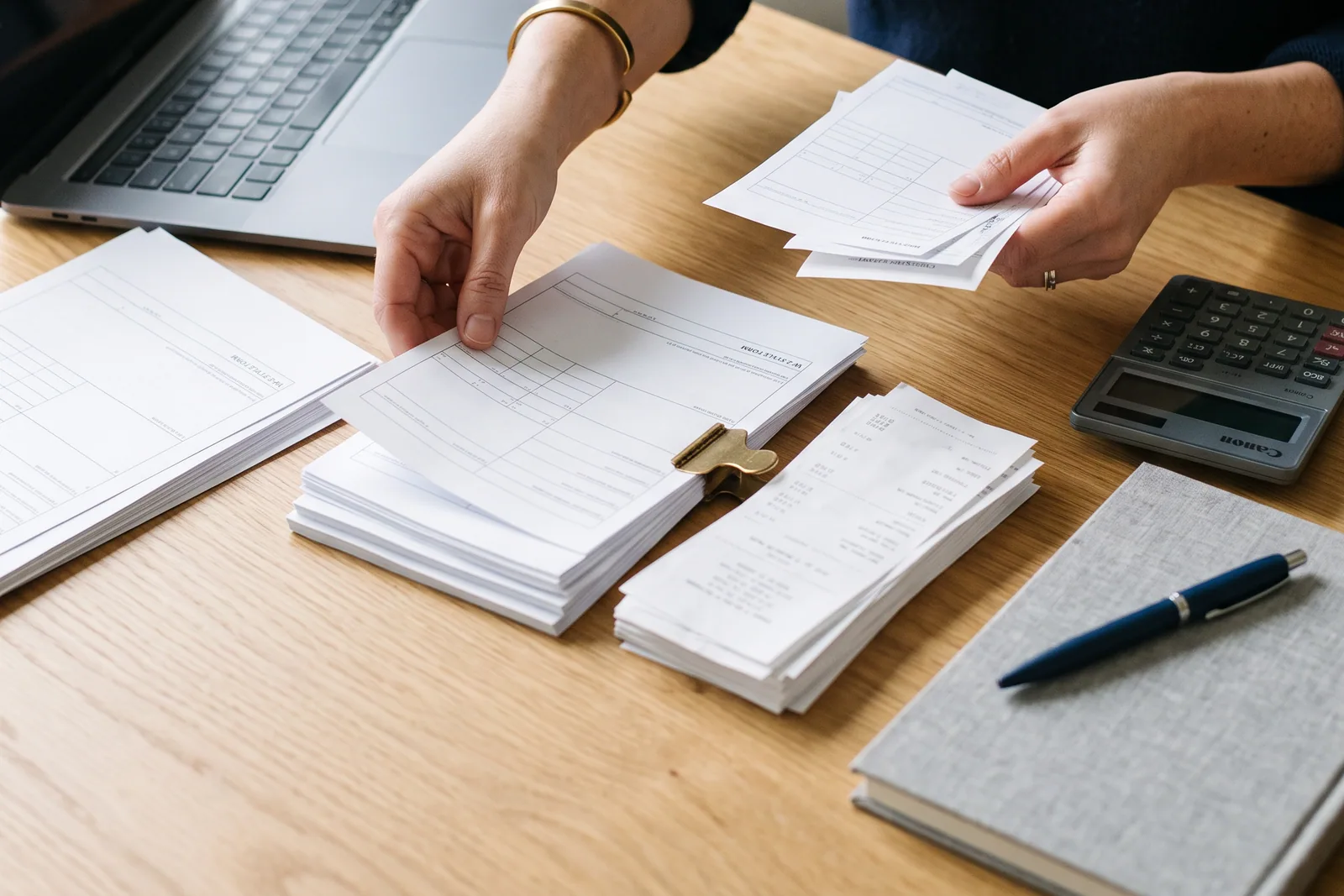 Receipts and blank tax forms sorted into piles beside a laptop and calculator